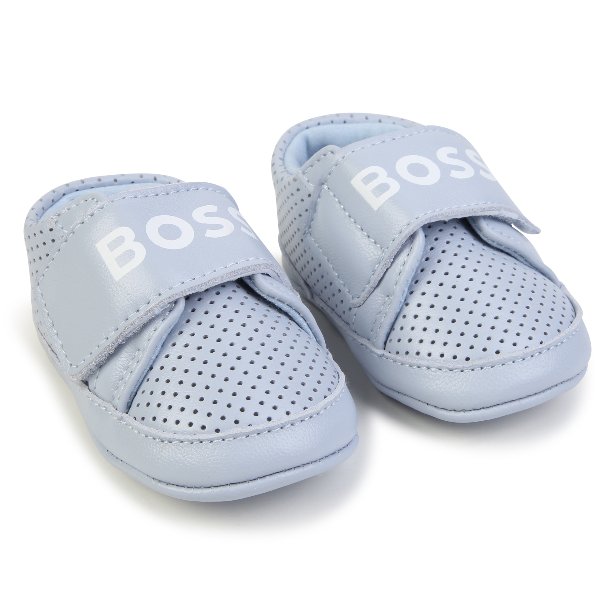 chaussons bebe garcon en cuir imprime et col elastique bleu bebe