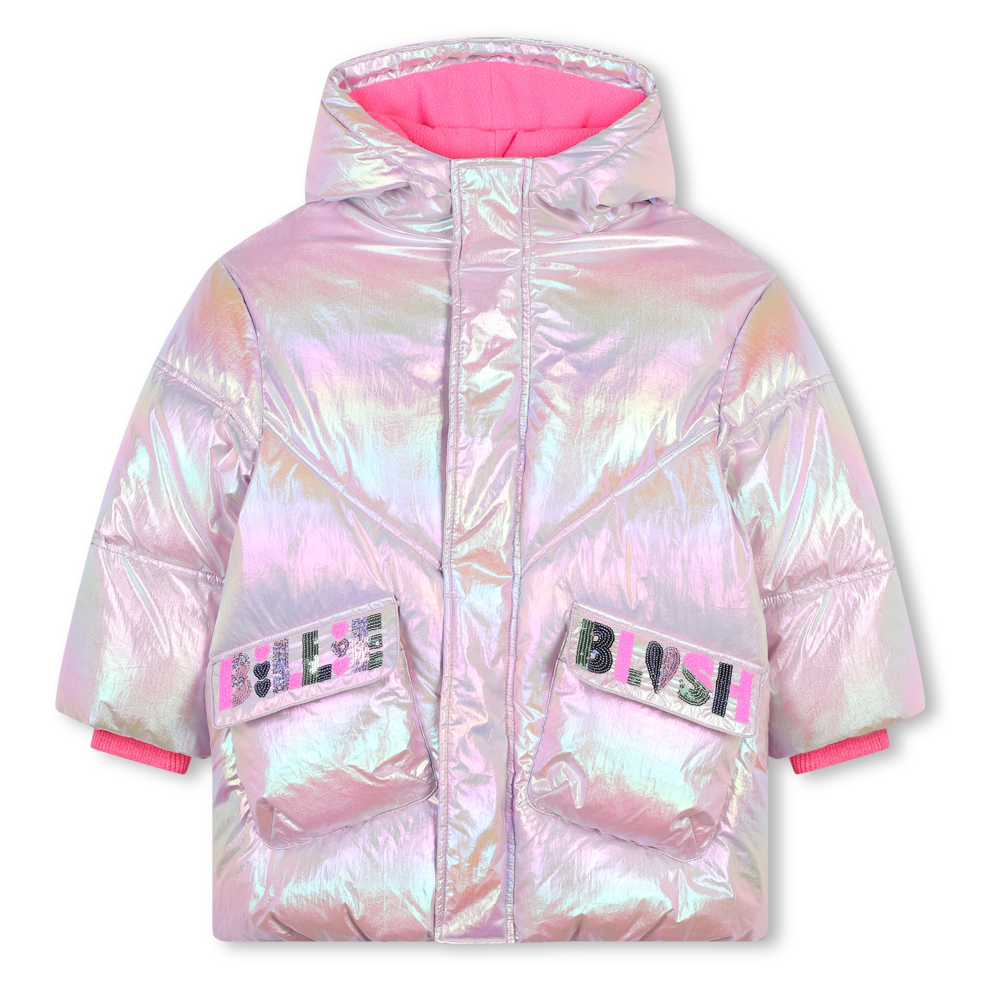 Hooded iridescent puffer jacket best sale