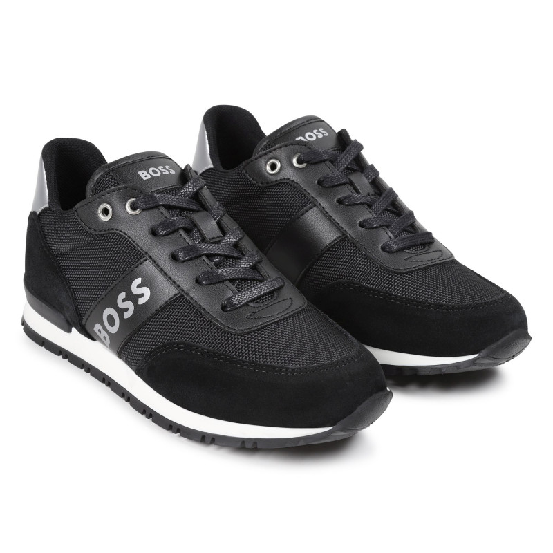 BOSS Lace up leather trainers boy black Kids around