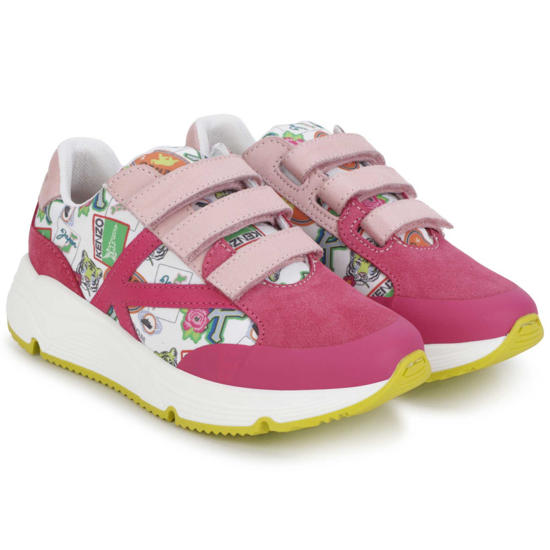 KENZO KIDS Baskets a bandes auto agrippantes en cuir unisexe rose Kids around